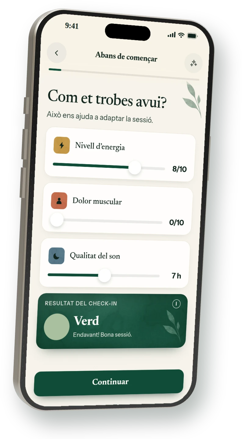 Mòbil amb la pantalla de check-in de l’app ALÈ: energia, dolor muscular i son, amb resultat verd