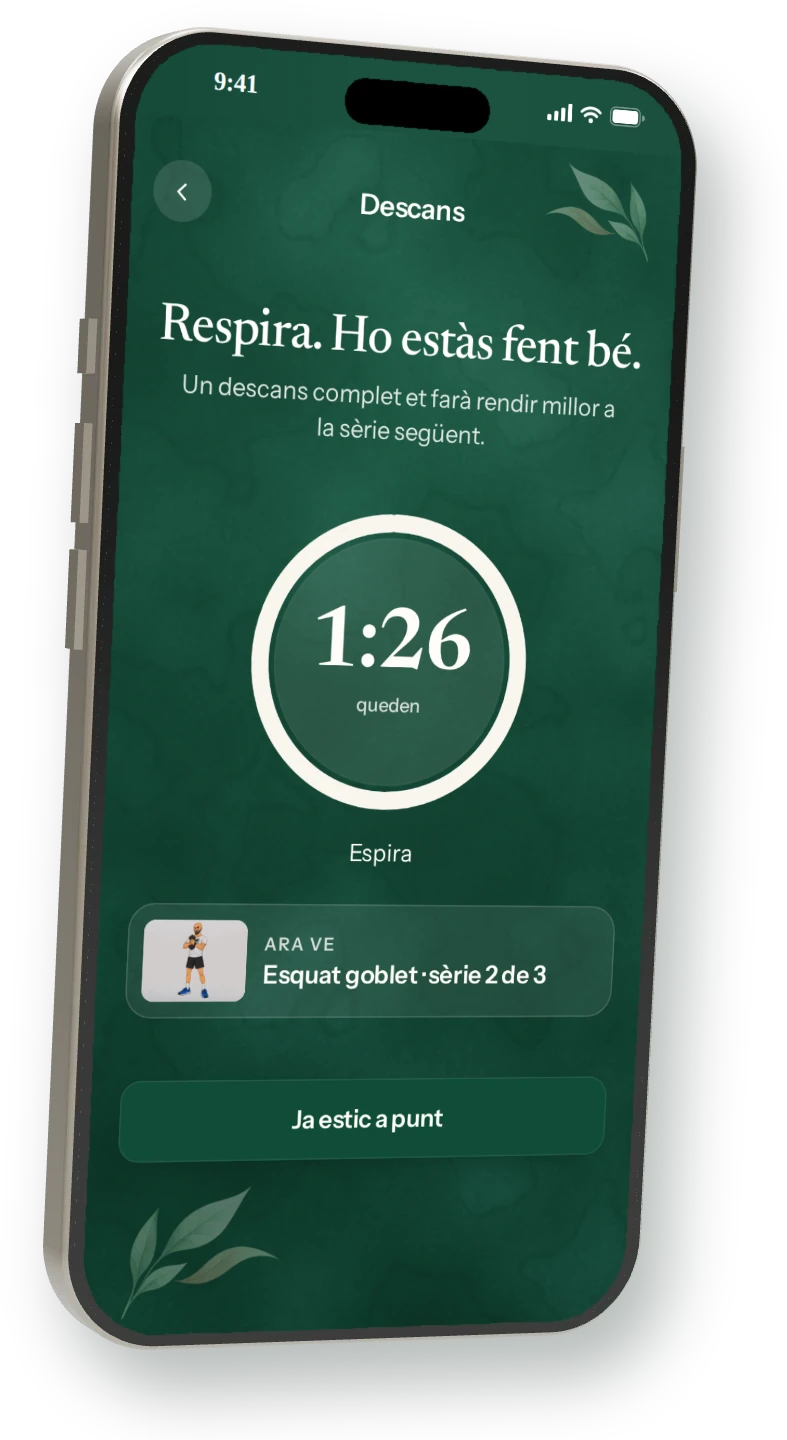 Mòbil amb la pantalla de descans: compte enrere d’1:26 i respiració guiada
