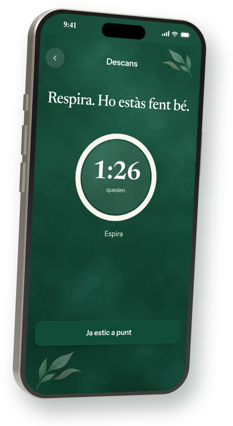 Mòbil amb la pantalla de descans: compte enrere d’1:26 i respiració guiada