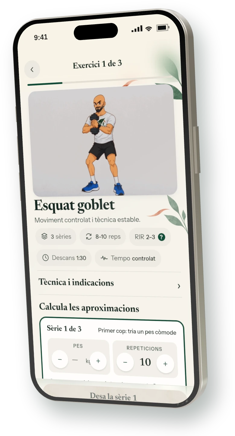 Mòbil amb l’exercici Esquat goblet: l’avatar animat mostra el moviment, amb les sèries, les repeticions, el RIR i el descans