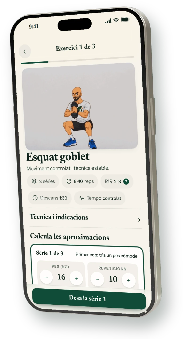 Mòbil amb l’exercici Esquat goblet: l’avatar animat mostra el moviment, amb les sèries, les repeticions, el RIR i el descans